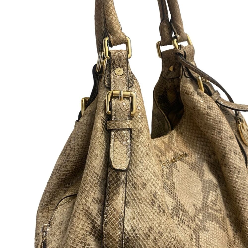 Michael Kors Beige Python Effect Leather and Suede Bedford Hobo Purse Tote Bag - Picture 5 of 16